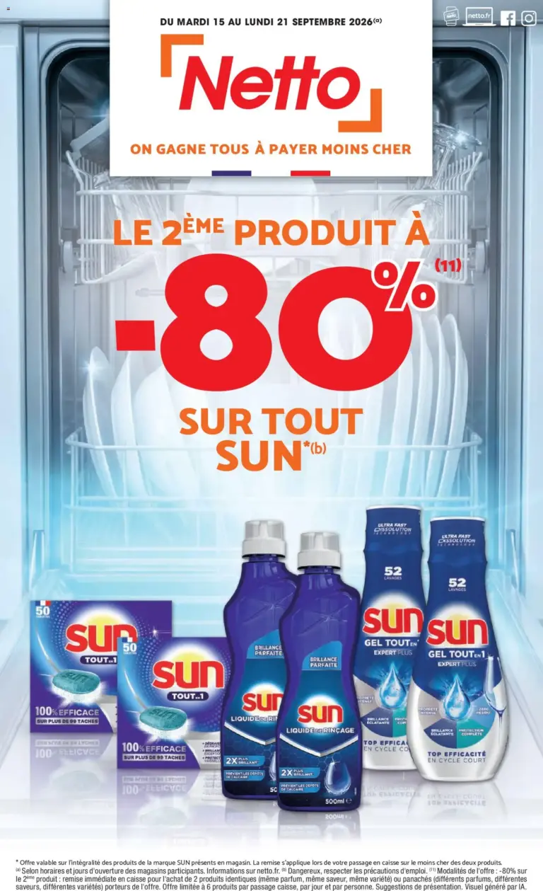 Netto 80% sur tous sun à partir du 15/09/2026